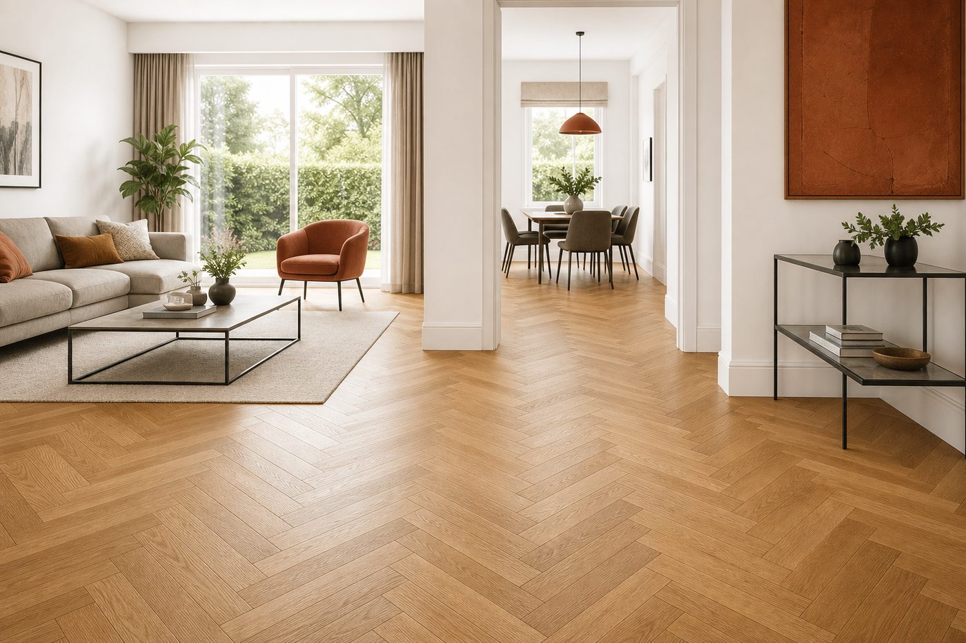 Instalación de parquet en Sabadell Parquet de roble en espiga recién instalado en el salón de una vivienda de Sabadell