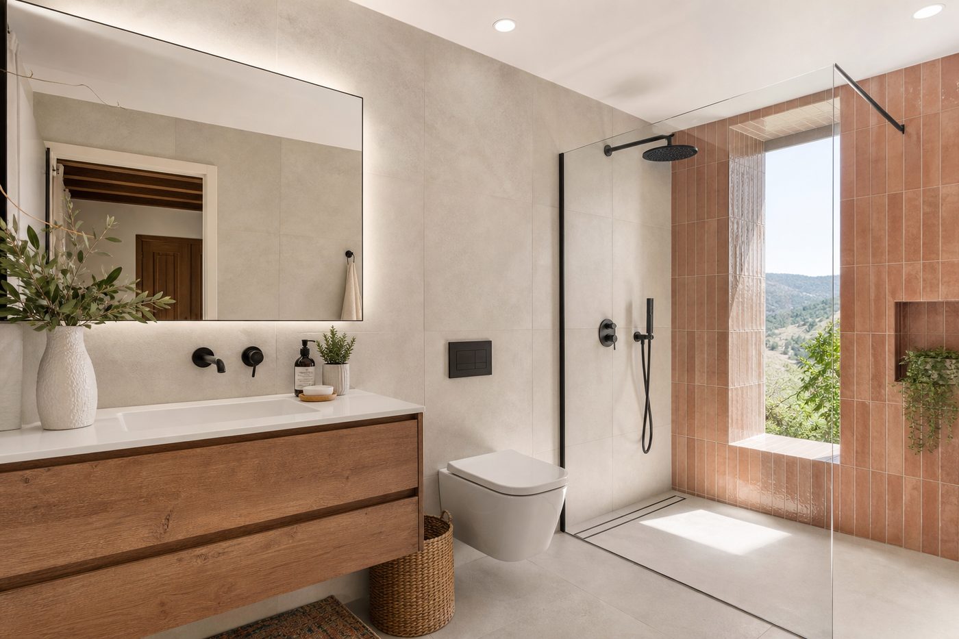 Reforma de baño en Sabadell Baño reformado en Sabadell con ducha de obra, mampara de vidrio y mueble suspendido