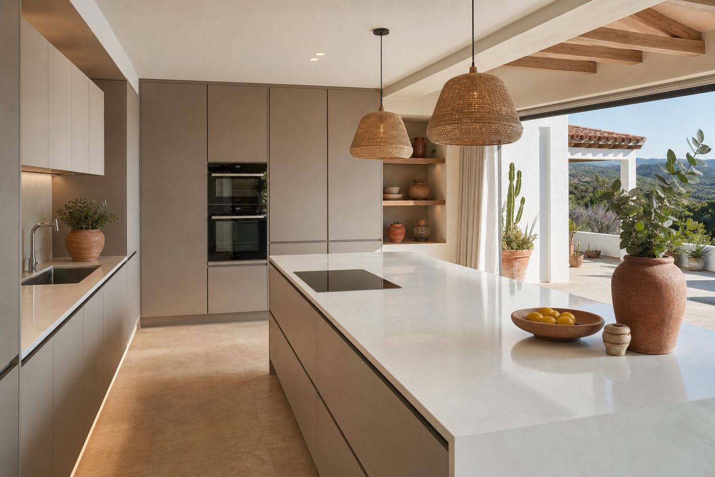 Reforma de cocina en Sabadell Cocina reformada en Sabadell con muebles sin tiradores, isla central y encimera de cuarzo