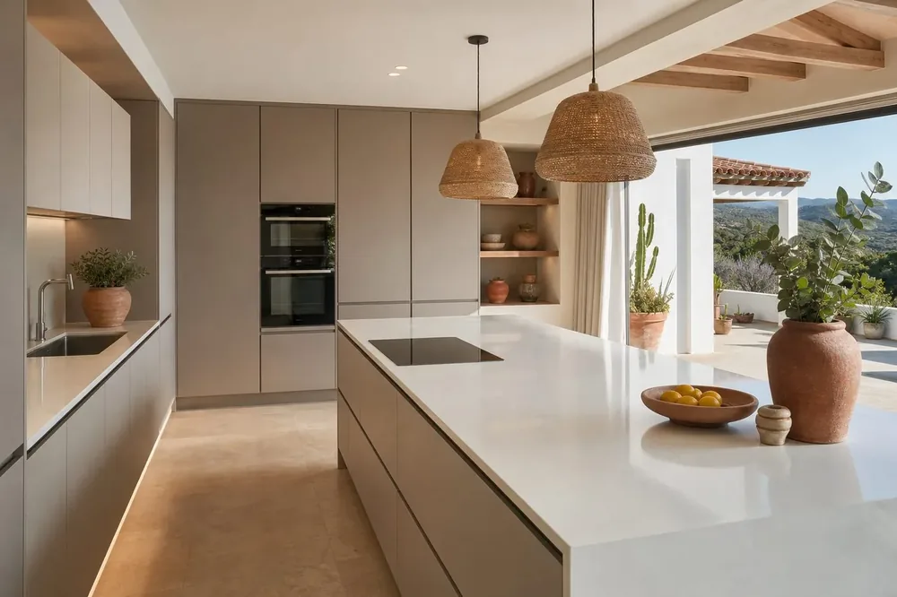 Cocina reformada en Sabadell con muebles sin tiradores, isla central y encimera de cuarzo